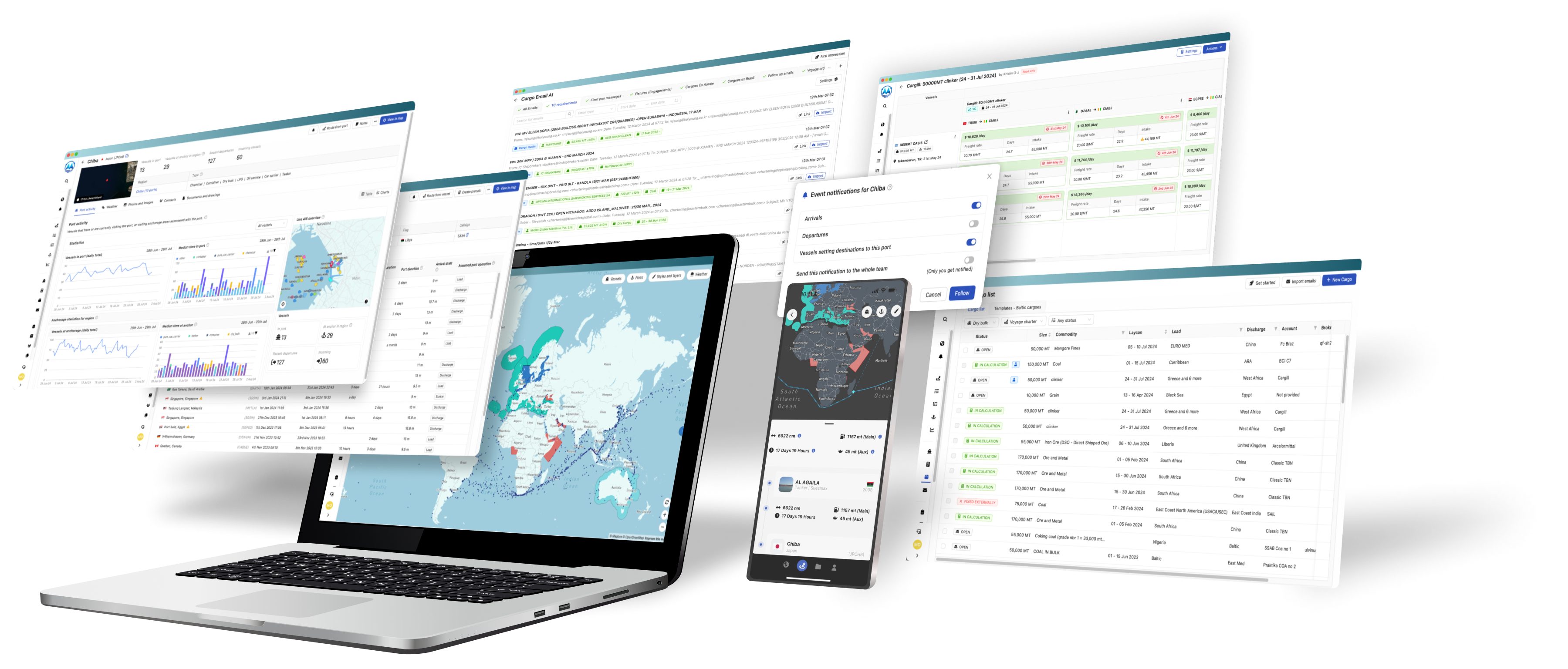 Maritime Optima’s maritime software solution; ShipIntel, displayed on both desktop and mobile devices. The image shows ship routes, ports, and vessel information, highlighting sea between Europe, Africa, Asia, and Australia, as well as icons indication vessels on the map. The image on the mobile device, shows a sea route calculation made in ShipIntel for a dry bulk vessel. vessel  The software solution made by Maritime Optima, called ShipIntel, includes features like AIS data, voyage and sea routes, and consumption statistics, offering a comprehensive maritime management view for maritime operations, providing its users with maritime intelligence at their fingertips.
