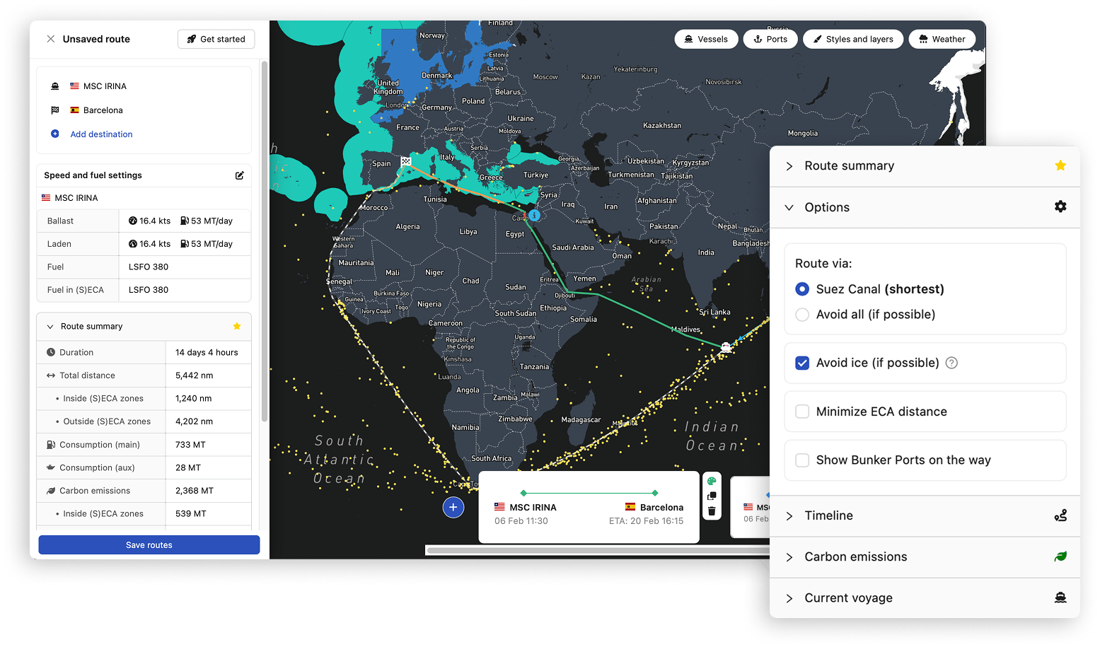 Maritime Optima’s maritime software solution; ShipIntel, displayed on both desktop and mobile devices. The image shows ship routes, ports, and vessel information, highlighting sea between Europe, Africa, Asia, and Australia, as well as icons indication vessels on the map. The image on the mobile device, shows a sea route calculation made in ShipIntel for a dry bulk vessel. vessel  The software solution made by Maritime Optima, called ShipIntel, includes features like AIS data, voyage and sea routes, and consumption statistics, offering a comprehensive maritime management view for maritime operations, providing its users with maritime intelligence at their fingertips.